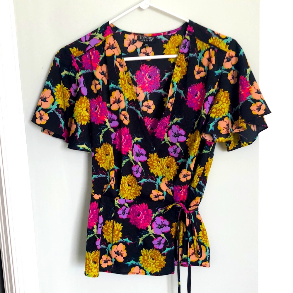 Topshop | Floral Wrap Short Sleeve Blouse